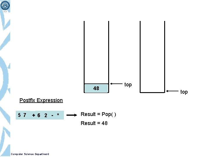 48 Postfix Expression 5 7 + 6 2 - * Result = Pop( )