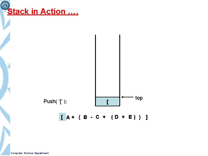 Stack in Action …. Push( ‘[‘ ); [ A+ { B - C +