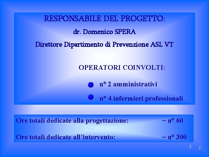 RESPONSABILE DEL PROGETTO: dr. Domenico SPERA Direttore Dipartimento di Prevenzione ASL VT OPERATORI COINVOLTI: