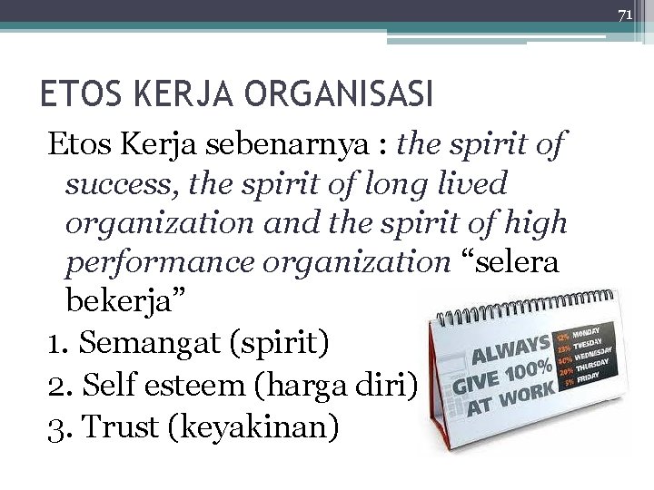 71 ETOS KERJA ORGANISASI Etos Kerja sebenarnya : the spirit of success, the spirit