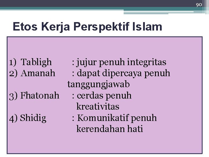 90 Etos Kerja Perspektif Islam 1) Tabligh 2) Amanah : jujur penuh integritas :