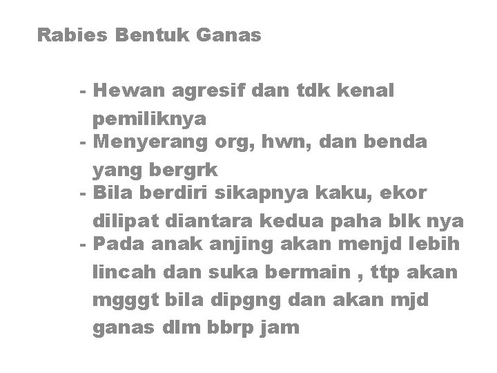 Rabies Bentuk Ganas - Hewan agresif dan tdk kenal pemiliknya - Menyerang org, hwn,