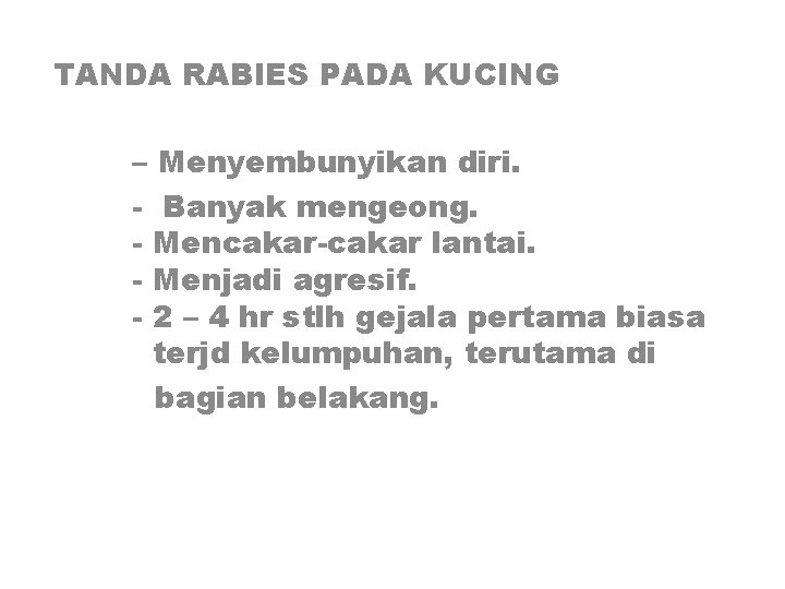 TANDA RABIES PADA KUCING – Menyembunyikan diri. - Banyak mengeong. - Mencakar-cakar lantai. -