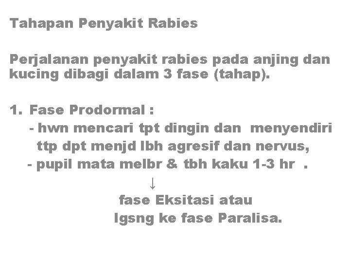 Tahapan Penyakit Rabies Perjalanan penyakit rabies pada anjing dan kucing dibagi dalam 3 fase