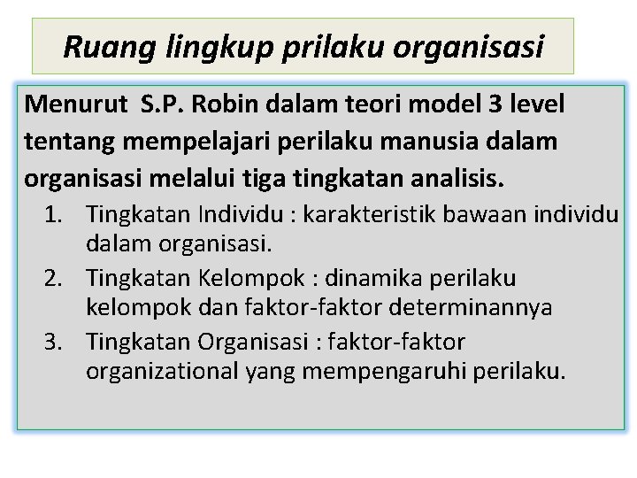 Ruang lingkup prilaku organisasi Menurut S. P. Robin dalam teori model 3 level tentang