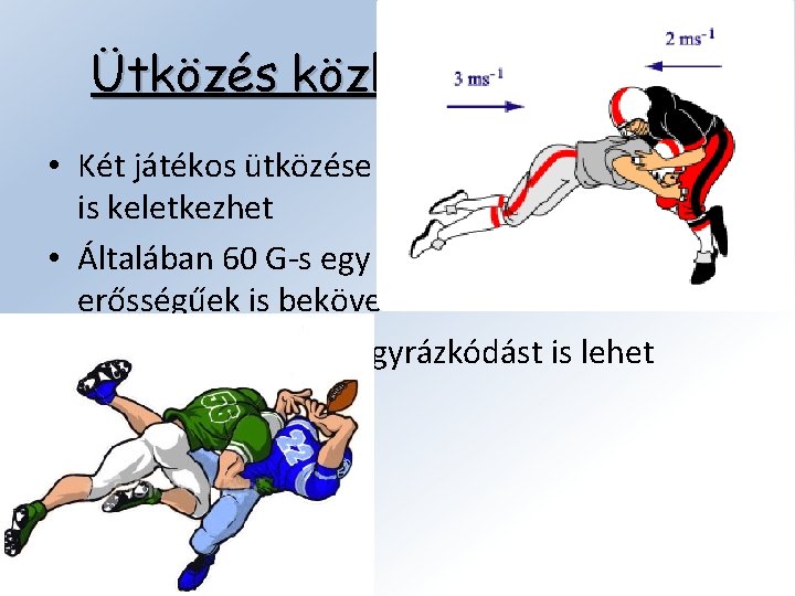 Ütközés közben ható G erő • Két játékos ütközése esetén akár 150 G-s erő