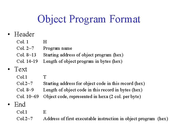 Object Program Format • Header Col. 1 Col. 2~7 Col. 8~13 Col. 14 -19 Object Program Format • Header Col. 1 Col. 2~7 Col. 8~13 Col. 14 -19