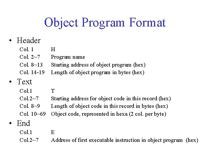 Object Program Format • Header Col. 1 Col. 2~7 Col. 8~13 Col. 14 -19