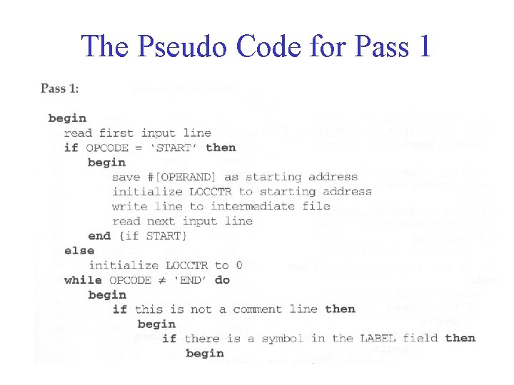 The Pseudo Code for Pass 1 The Pseudo Code for Pass 1