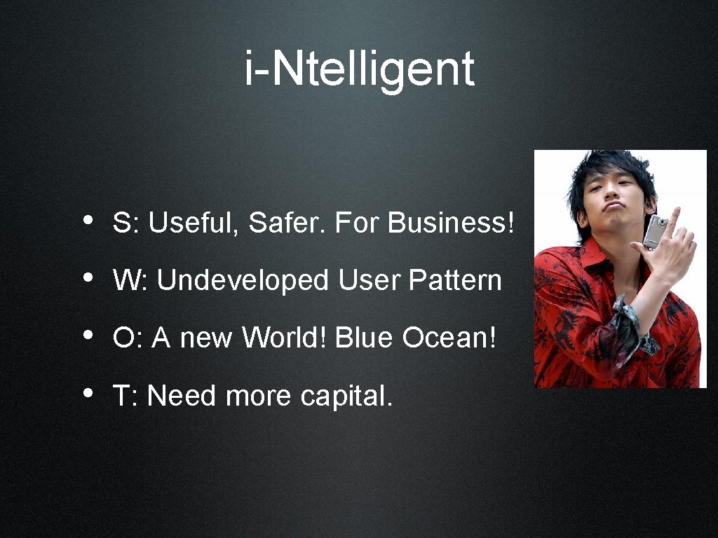 i-Ntelligent • S: Useful, Safer. For Business! • W: Undeveloped User Pattern • O: