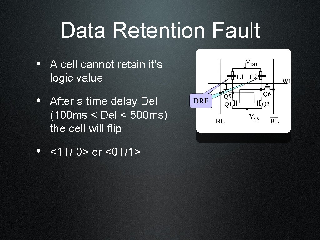 Data Retention Fault • A cell cannot retain it’s logic value • After a