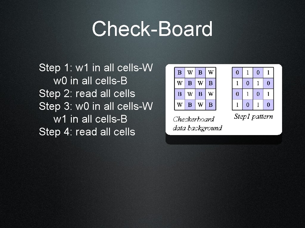 Check-Board Step 1: w 1 in all cells-W w 0 in all cells-B Step