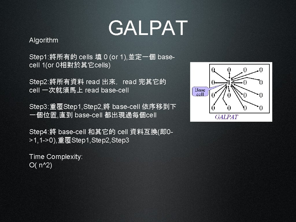 Algorithm GALPAT Step 1: 將所有的 cells 填 0 (or 1), 並定一個 basecell 1(or 0相對於其它cells)