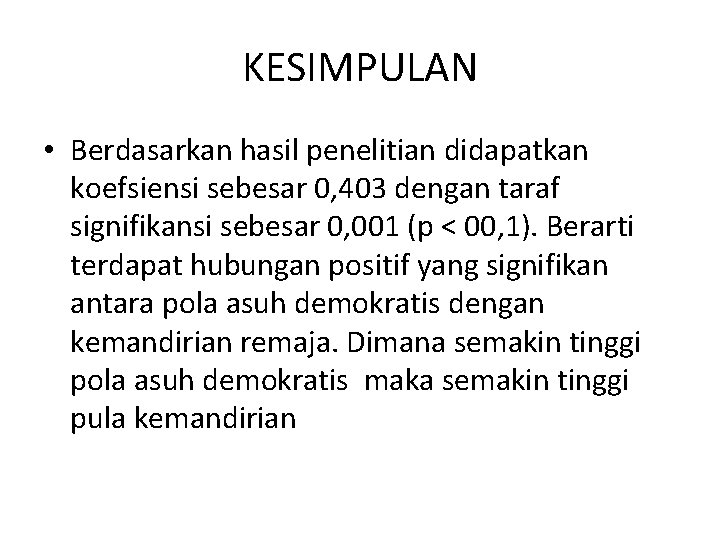 KESIMPULAN • Berdasarkan hasil penelitian didapatkan koefsiensi sebesar 0, 403 dengan taraf signifikansi sebesar