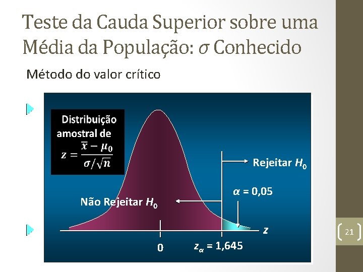 Teste da Cauda Superior sobre uma Média da População: σ Conhecido Método do valor