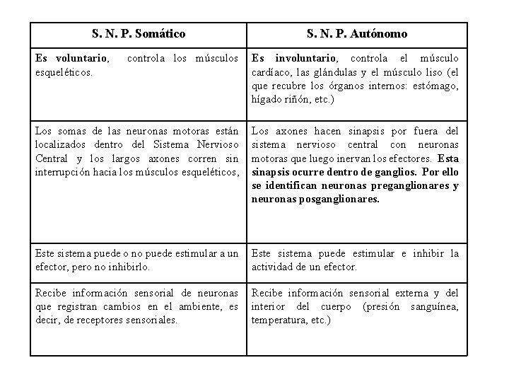 S. N. P. Somático Es voluntario, esqueléticos. S. N. P. Autónomo controla los músculos