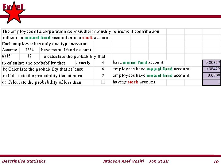 Excel Descriptive Statistics Ardavan Asef-Vaziri Jan-2018 10 