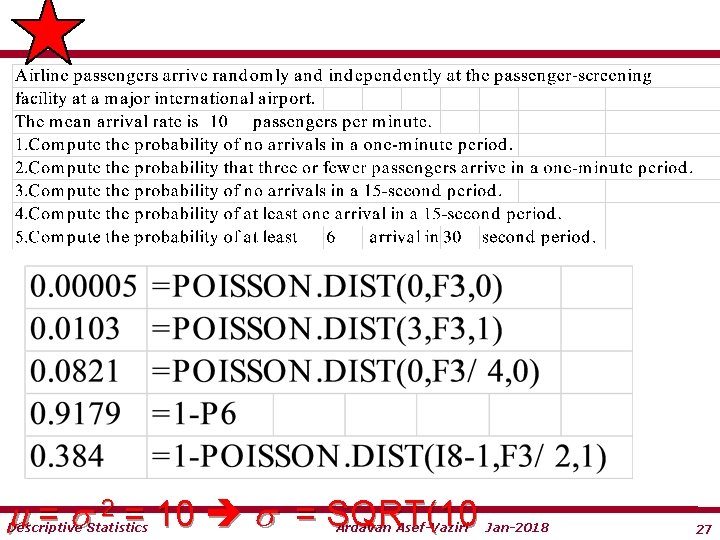  = s 2 = 10 s = SQRT(10 Descriptive Statistics Ardavan Asef-Vaziri Jan-2018