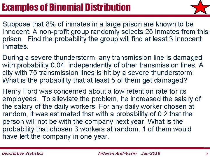 Examples of Binomial Distribution Suppose that 8% of inmates in a large prison are