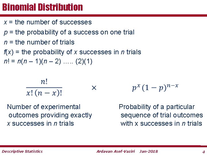 Binomial Distribution x = the number of successes p = the probability of a