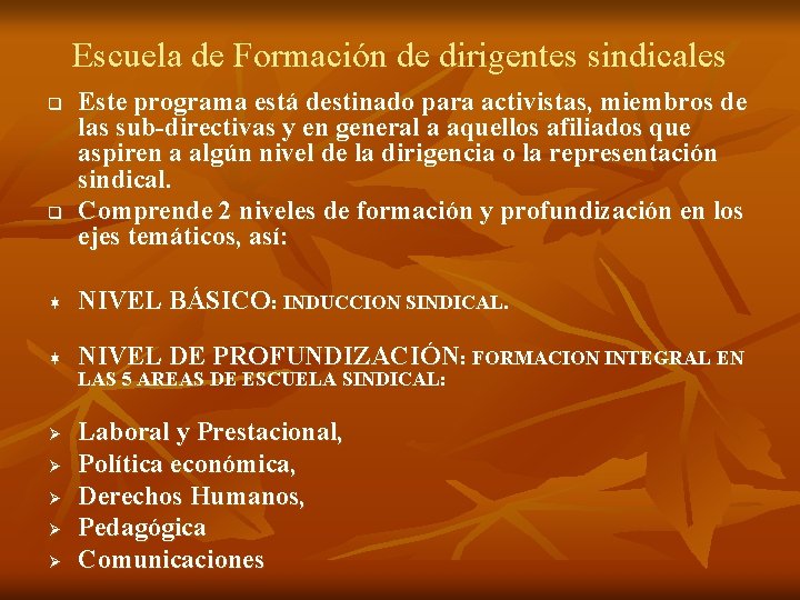 Escuela de Formación de dirigentes sindicales q q Este programa está destinado para activistas,