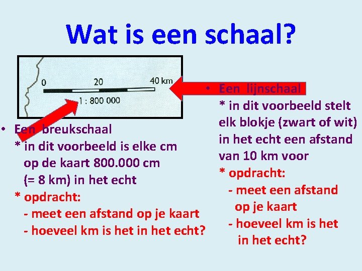 Wat is een schaal? • Een lijnschaal * in dit voorbeeld stelt elk blokje