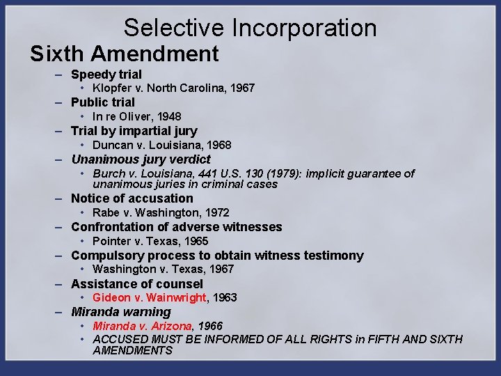 Selective Incorporation Sixth Amendment – Speedy trial • Klopfer v. North Carolina, 1967 –