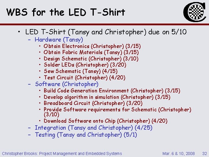 WBS for the LED T-Shirt • LED T-Shirt (Tansy and Christopher) due on 5/10