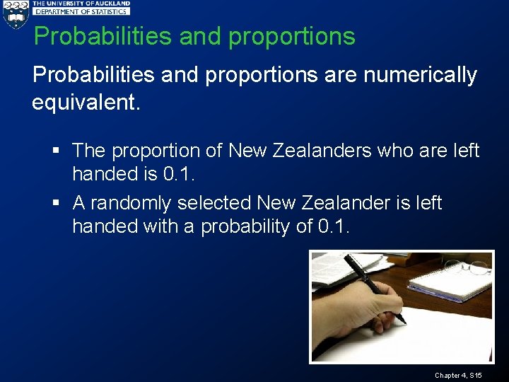 Probabilities and proportions are numerically equivalent. § The proportion of New Zealanders who are