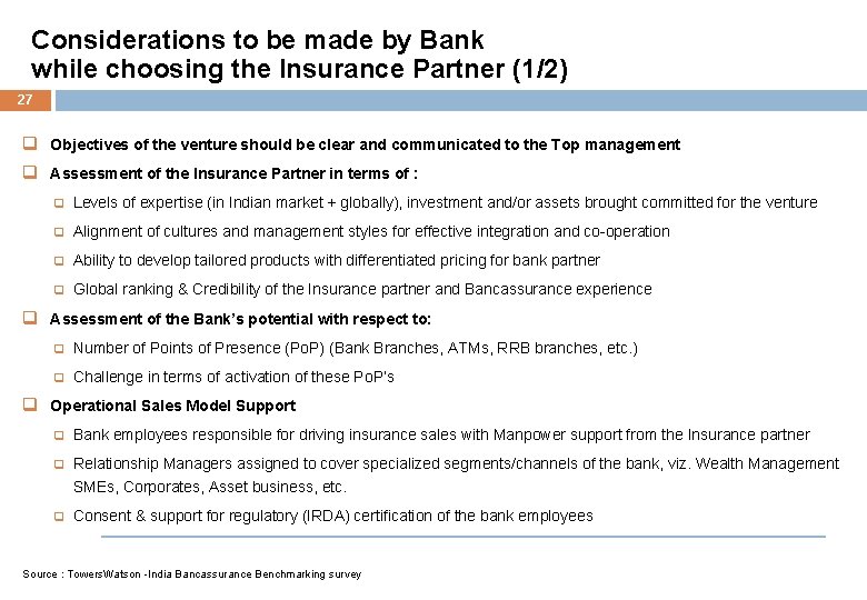 Considerations to be made by Bank while choosing the Insurance Partner (1/2) 27 q