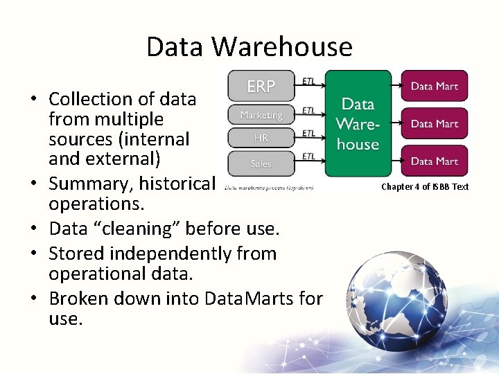 Data Warehouse • Collection of data from multiple sources (internal and external) • Summary,