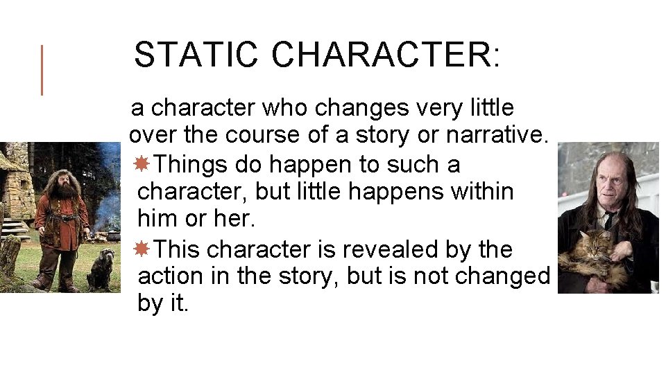 STATIC CHARACTER: a character who changes very little over the course of a story