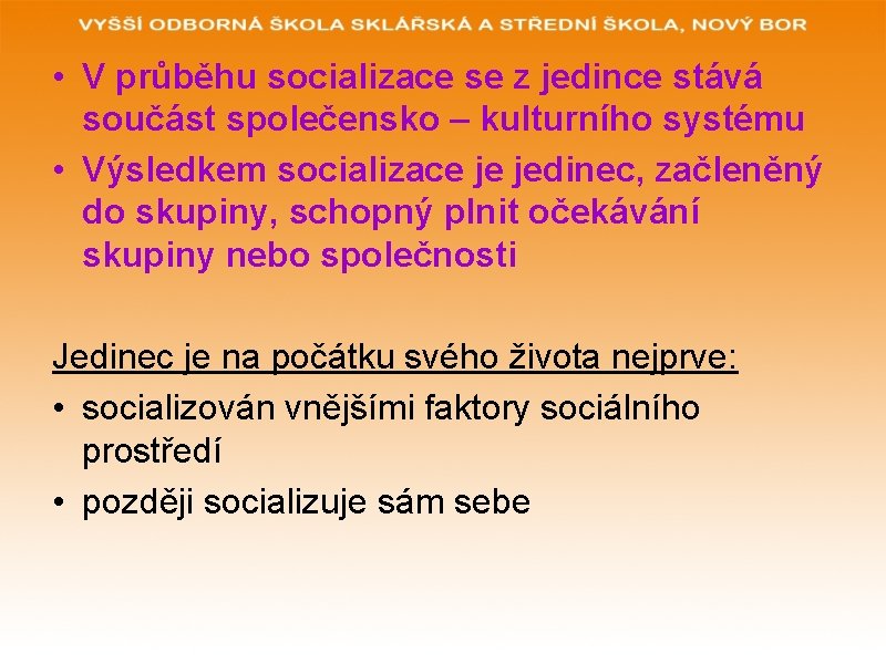  • V průběhu socializace se z jedince stává součást společensko – kulturního systému