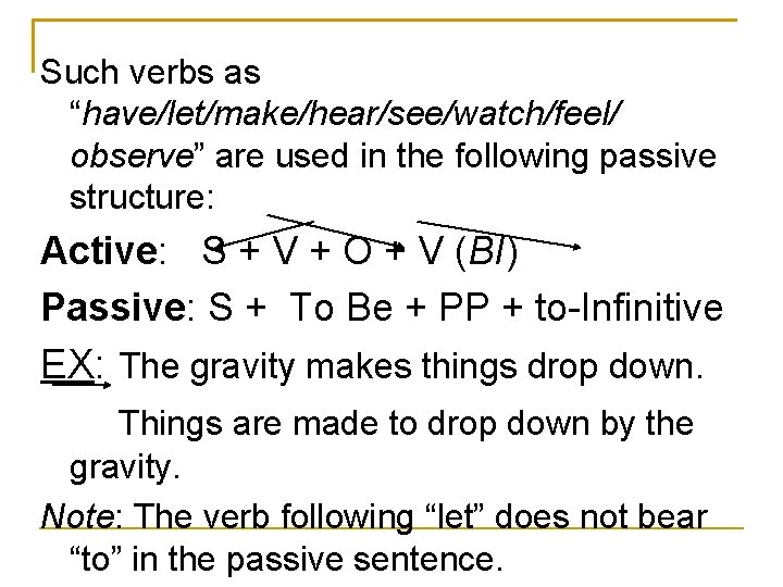 Such verbs as “have/let/make/hear/see/watch/feel/ observe” are used in the following passive structure: Active: S Such verbs as “have/let/make/hear/see/watch/feel/ observe” are used in the following passive structure: Active: S