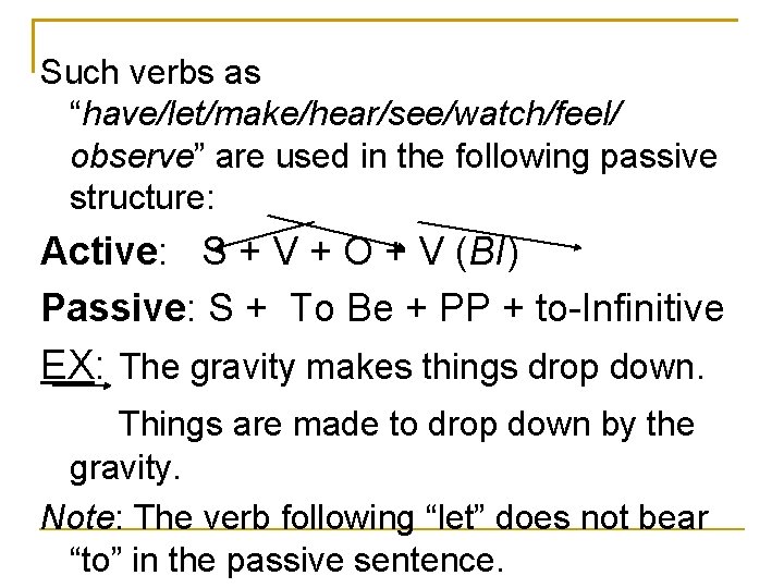 Such verbs as “have/let/make/hear/see/watch/feel/ observe” are used in the following passive structure: Active: S