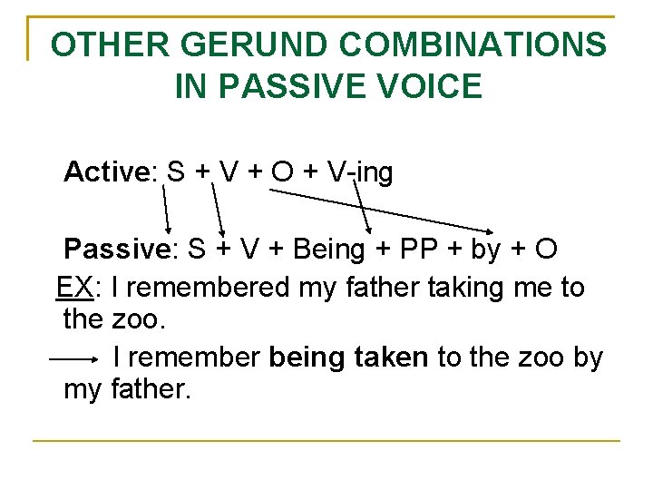 OTHER GERUND COMBINATIONS IN PASSIVE VOICE Active: S + V + O + V-ing OTHER GERUND COMBINATIONS IN PASSIVE VOICE Active: S + V + O + V-ing