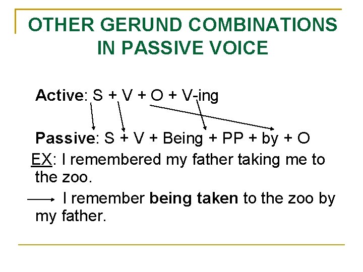 OTHER GERUND COMBINATIONS IN PASSIVE VOICE Active: S + V + O + V-ing