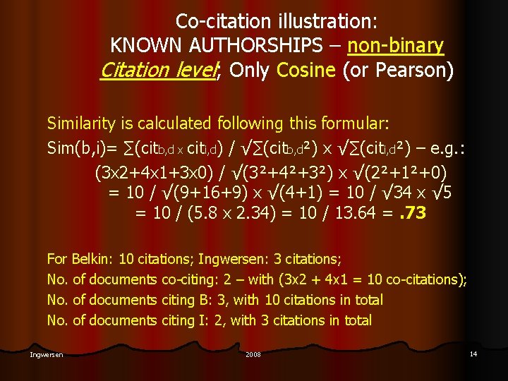 Co-citation illustration: KNOWN AUTHORSHIPS – non-binary Citation level; Only Cosine (or Pearson) Similarity is