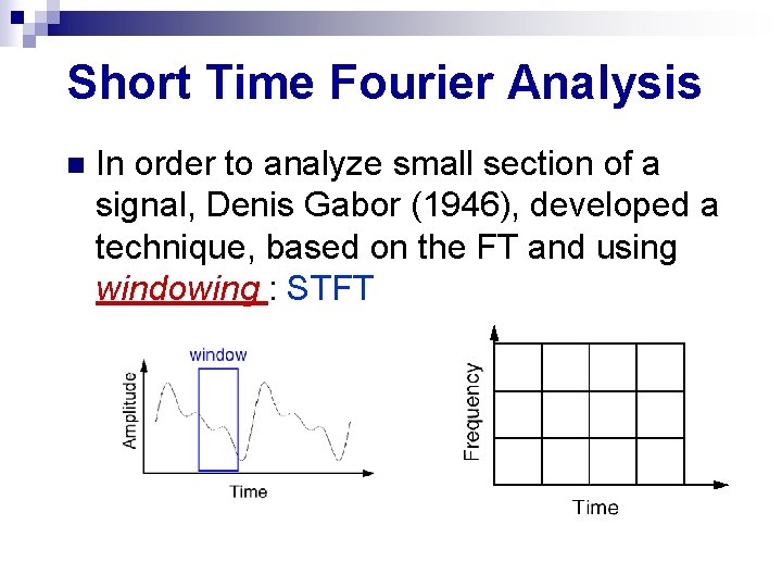 Short Time Fourier Analysis n In order to analyze small section of a signal,