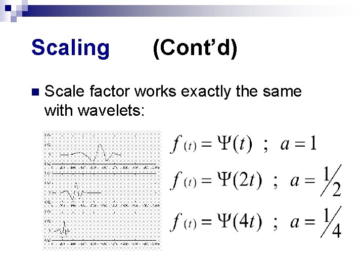 Scaling n (Cont’d) Scale factor works exactly the same with wavelets: 