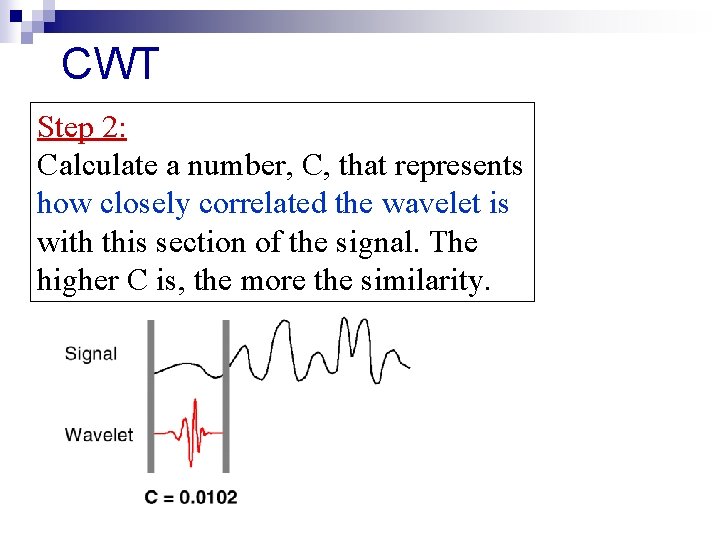 CWT Step 2: Calculate a number, C, that represents how closely correlated the wavelet