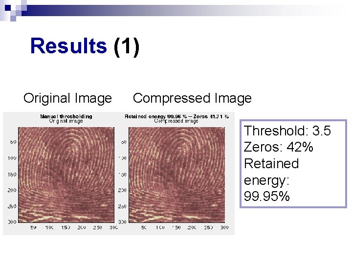 Results (1) Original Image Compressed Image Threshold: 3. 5 Zeros: 42% Retained energy: 99.