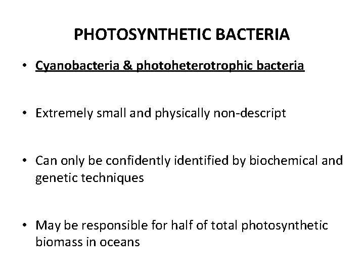 PHOTOSYNTHETIC BACTERIA • Cyanobacteria & photoheterotrophic bacteria • Extremely small and physically non-descript •