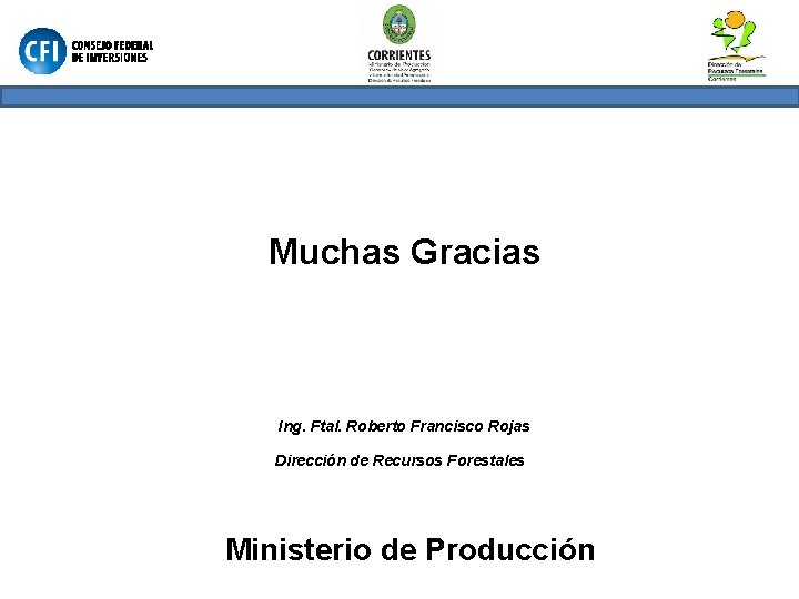 Muchas Gracias Ing. Ftal. Roberto Francisco Rojas Dirección de Recursos Forestales Ministerio de Producción