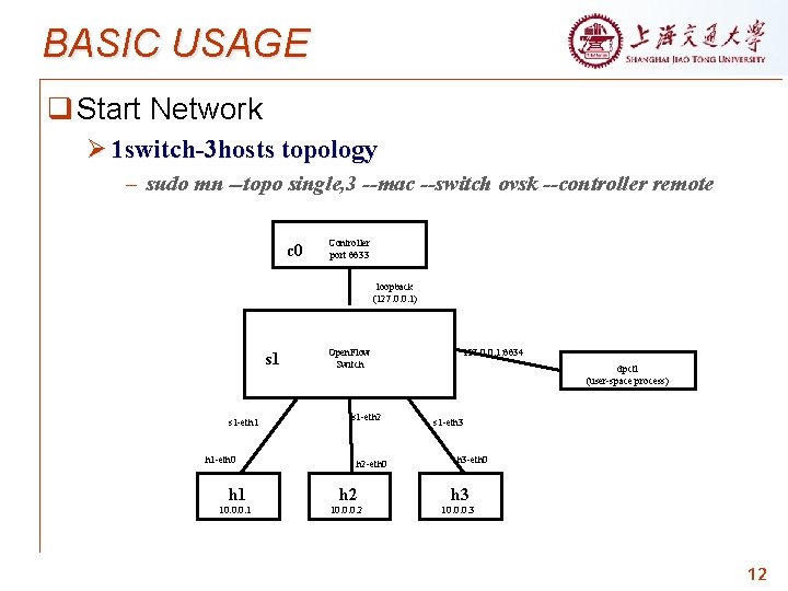BASIC USAGE q Start Network Ø 1 switch-3 hosts topology – sudo mn --topo