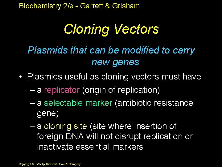 Biochemistry 2/e - Garrett & Grisham Cloning Vectors Plasmids that can be modified to