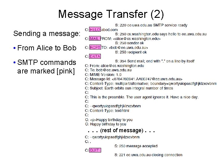 Message Transfer (2) Sending a message: • From Alice to Bob • SMTP commands