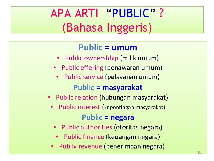 APA ARTI “PUBLIC” ? (Bahasa Inggeris) Public = umum • Public ownershhip (milik umum)