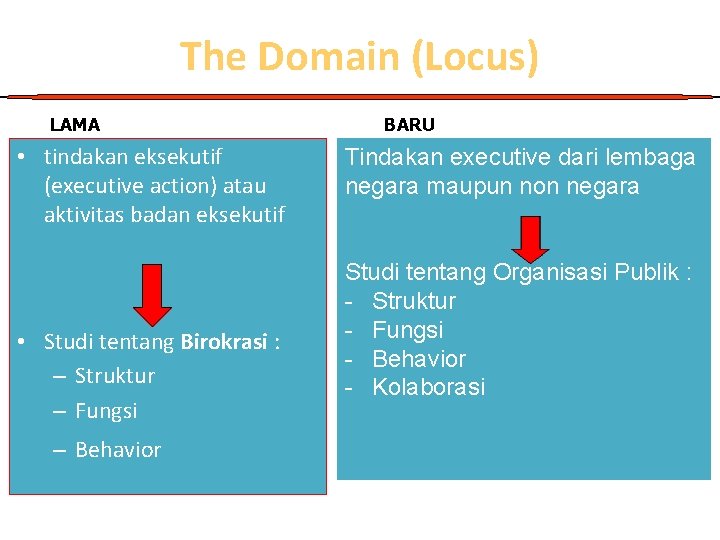 The Domain (Locus) LAMA • tindakan eksekutif (executive action) atau aktivitas badan eksekutif •