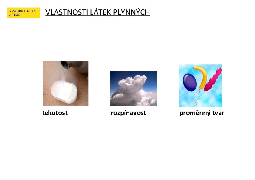 VLASTNOSTI LÁTEK A TĚLES VLASTNOSTI LÁTEK PLYNNÝCH tekutost rozpínavost proměnný tvar 